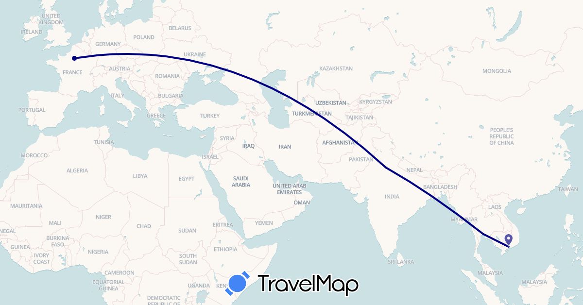 TravelMap itinerary: driving in France, India, Thailand, Vietnam (Asia, Europe)